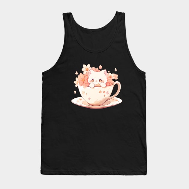 Cute Cat in a Teacup with Flowers Tank Top by Seraphine